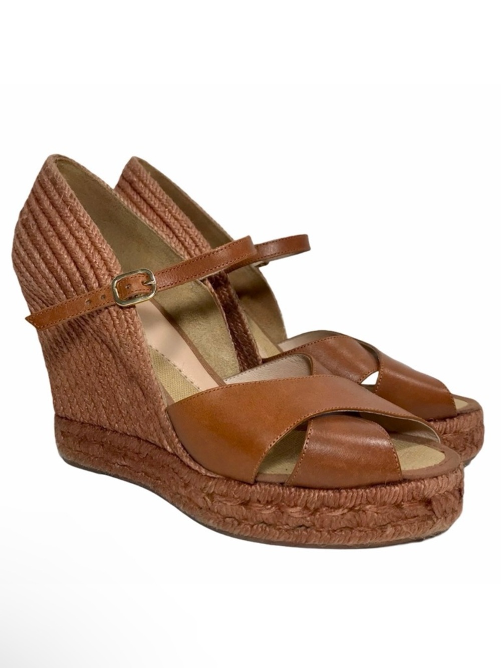 ANDRE ASSOUS Peep Toe Wedge Espadrilles Lt. Brown